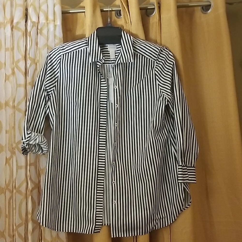 Chico's Black and White Striped Button-Up Shirt